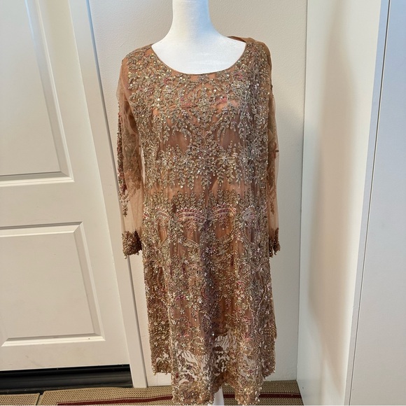 Peach Tan Embroidered 3-Piece Salwar Kameez with Net Dupatta - Picture 1 of 13